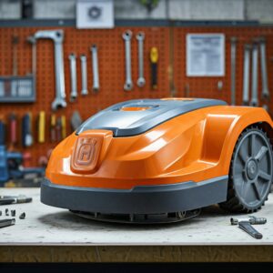 orange Husqvarna robotic lawn mower on a table in a workshop