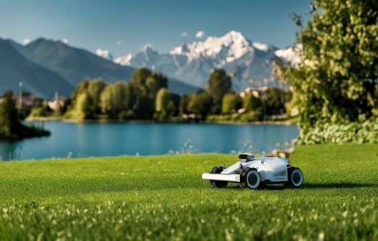 mammotion luba robotic mower cutting grass next to a lake in the mountains